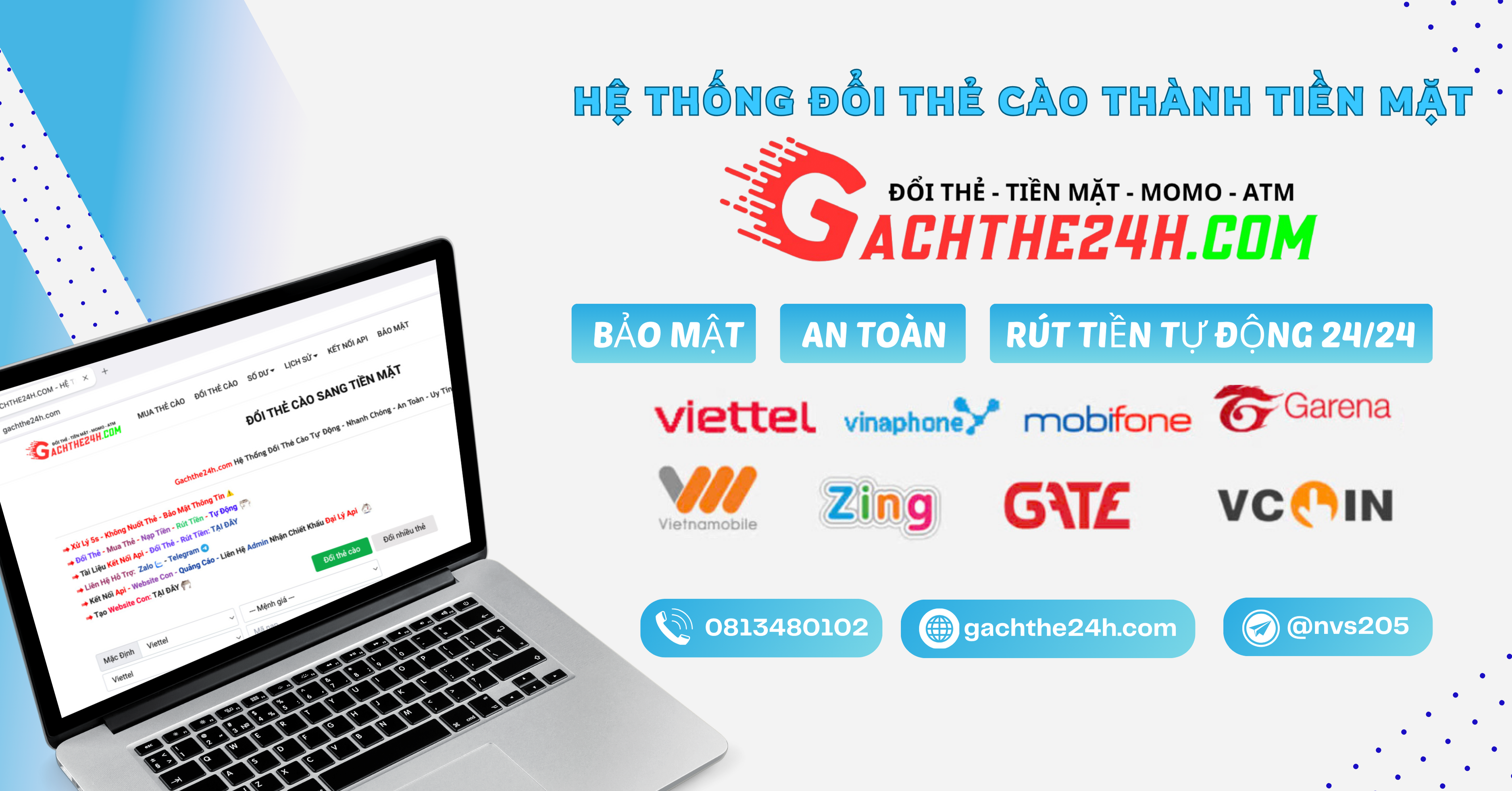 Gachthe24h.com cung cấp dịch vụ mua thẻ cào, nạp tiền, rút tiền online nhanh, an toàn, hỗ trợ API và đại lý miễn phí, xử lý tự động 24/7